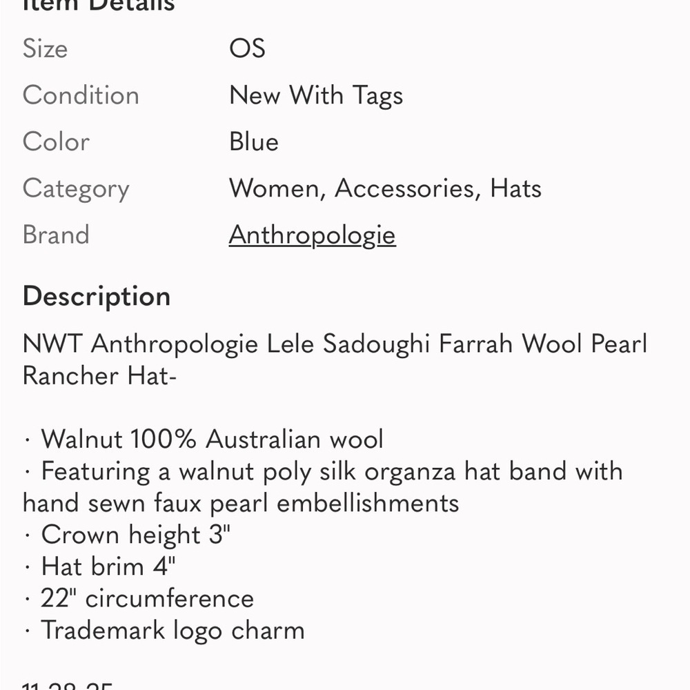 Anthropologie Lele Sadoughi Farrah Wool Pearl Rancher Hat New in Dust bag Blue - Picture 7 of 7